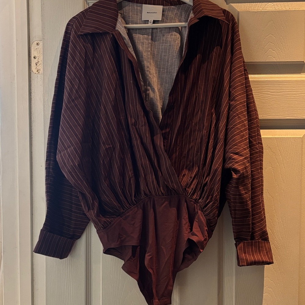 Reformation Brown Striped Wrap Bodysuit